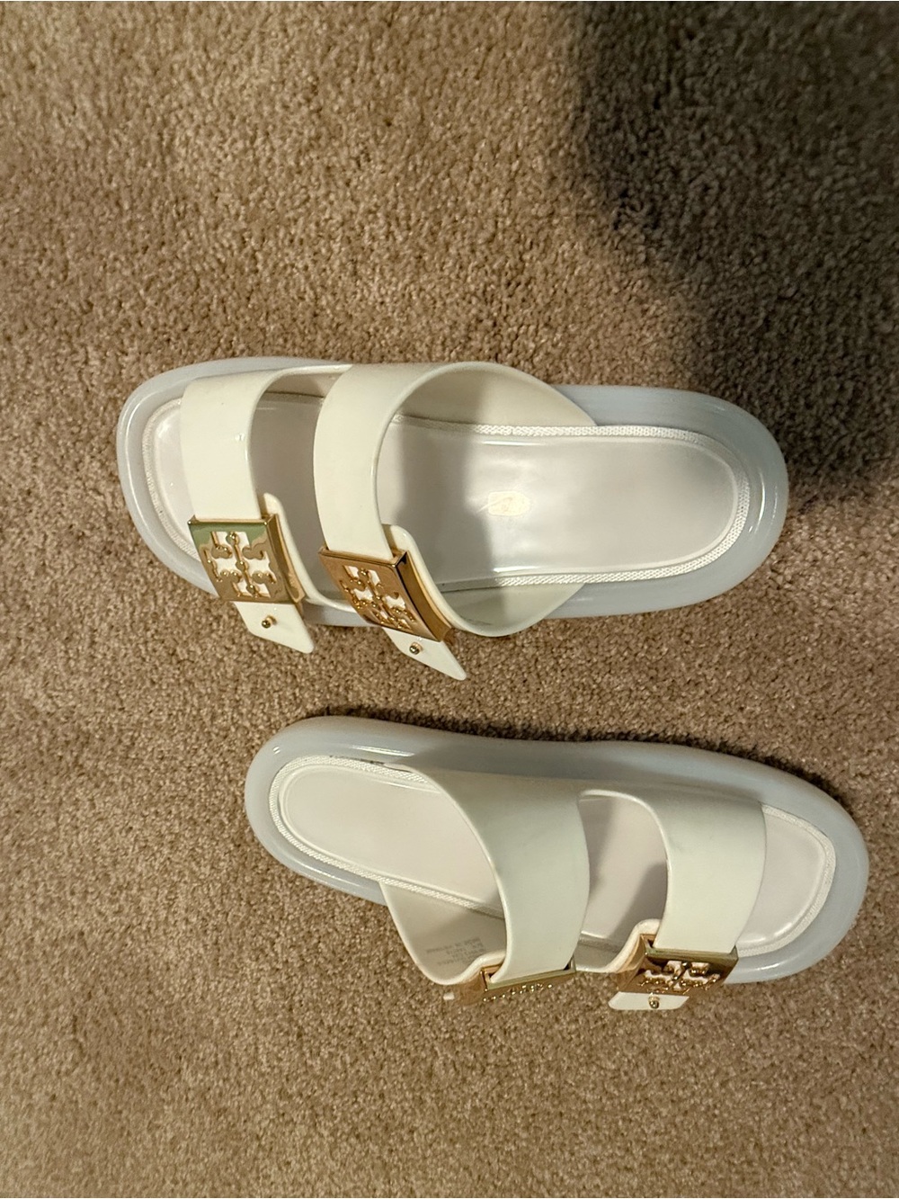 Tory Burch White Double-Strap Patent Slide Sandals with Gold Logo Buckles - Picture 2 of 4
